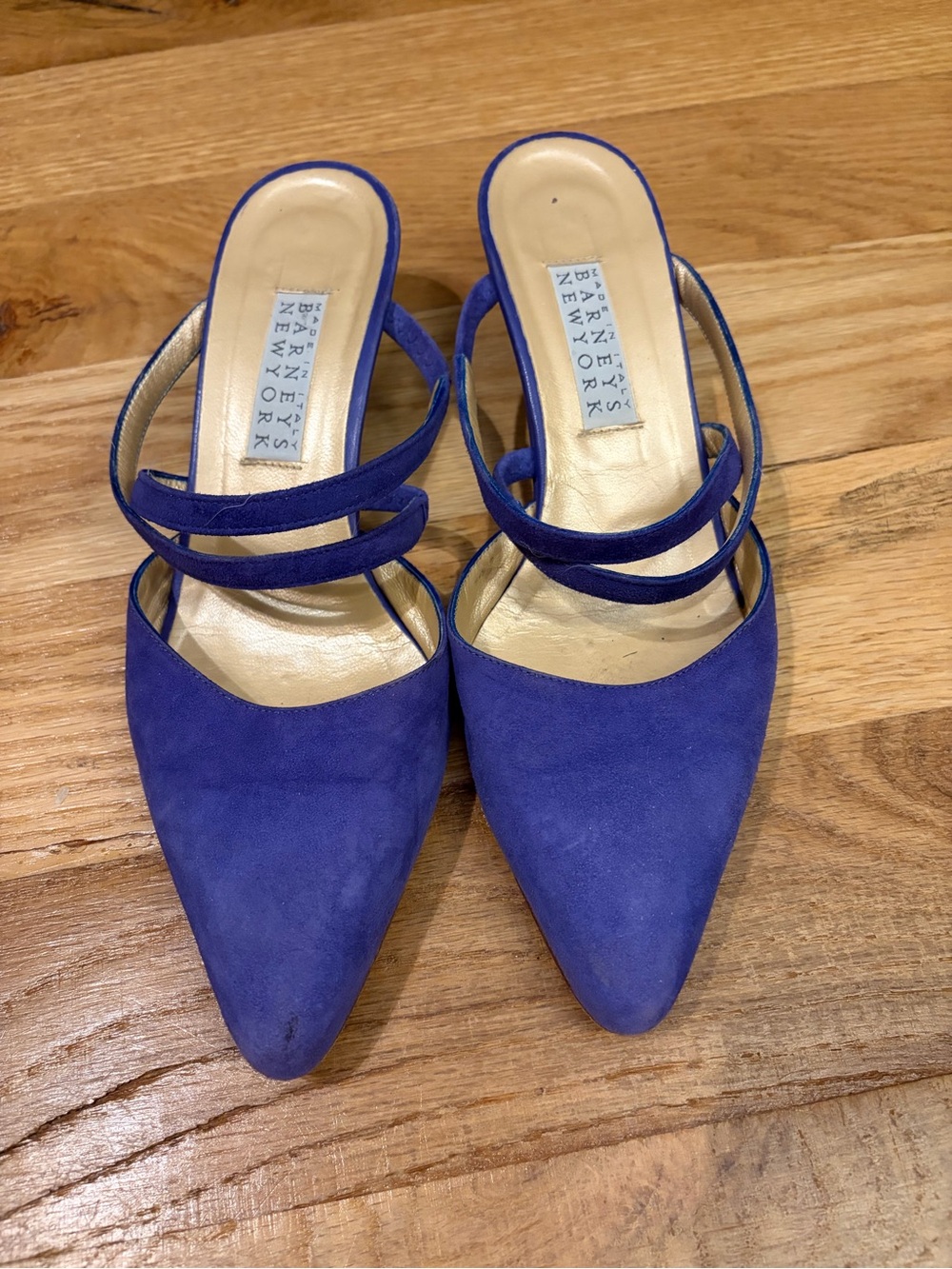 Barneys New York Blue Suede Pointed-Toe Double-Strap Mules